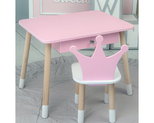 Стол прямоугольный с ящиком 46х60х45 и стул корона 26.5х26х25, столик и стульчик в детскую, розовый с белым