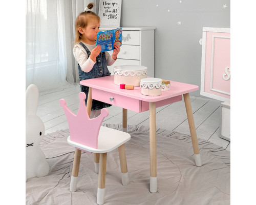 Стол прямоугольный с ящиком 46х60х45 и стул корона 26.5х26х25, столик и стульчик в детскую, розовый с белым