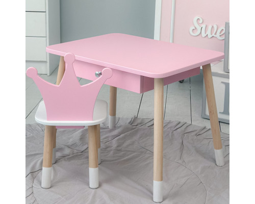 Стол прямоугольный с ящиком 46х60х45 и стул корона 26.5х26х25, столик и стульчик в детскую, розовый с белым