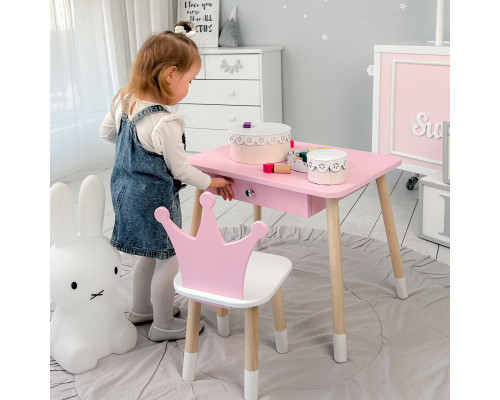 Стол прямоугольный с ящиком 46х60х45 и стул корона 26.5х26х25, столик и стульчик в детскую, розовый с белым