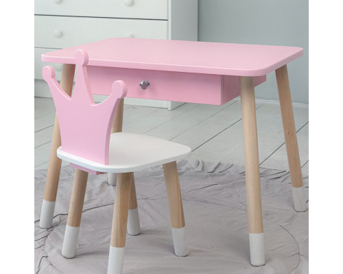 Стол прямоугольный с ящиком 46х60х45 и стул корона 26.5х26х25, столик и стульчик в детскую, розовый с белым