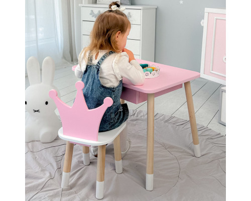 Стол прямоугольный с ящиком 46х60х45 и стул корона 26.5х26х25, столик и стульчик в детскую, розовый с белым