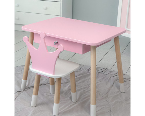 Стол прямоугольный с ящиком 46х60х45 и стул корона 26.5х26х25, столик и стульчик в детскую, розовый с белым
