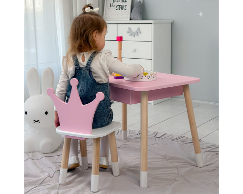 Стол прямоугольный с ящиком 46х60х45 и стул корона 26.5х26х25, столик и стульчик в детскую, розовый с белым