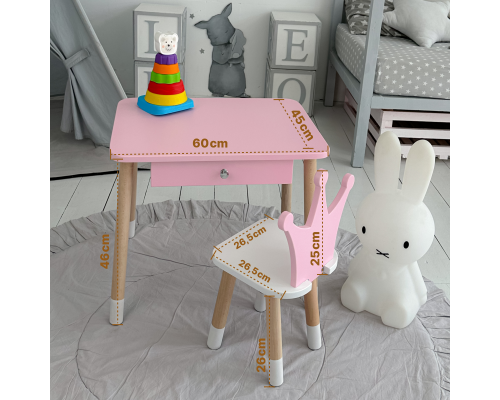 Стол прямоугольный с ящиком 46х60х45 и стул корона 26.5х26х25, столик и стульчик в детскую, розовый с белым