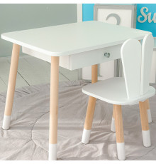 Стол прямоугольный с ящиком 46х60х45 и стул ушка кролика 26.5х26х25, столик и стульчик в детскую, белый