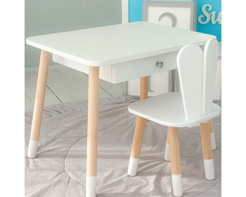 Стол прямоугольный с ящиком 46х60х45 и стул ушка кролика 26.5х26х25, столик и стульчик в детскую, белый
