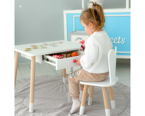 Стол прямоугольный с ящиком 46х60х45 и стул ушка кролика 26.5х26х25, столик и стульчик в детскую, белый