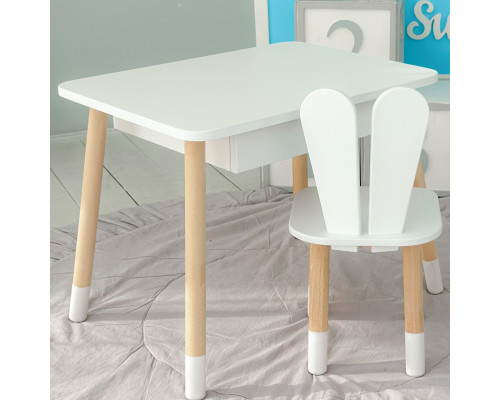 Стол прямоугольный с ящиком 46х60х45 и стул ушка кролика 26.5х26х25, столик и стульчик в детскую, белый