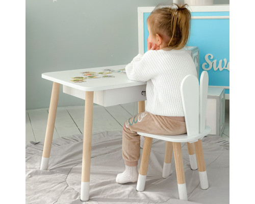 Стол прямоугольный с ящиком 46х60х45 и стул ушка кролика 26.5х26х25, столик и стульчик в детскую, белый