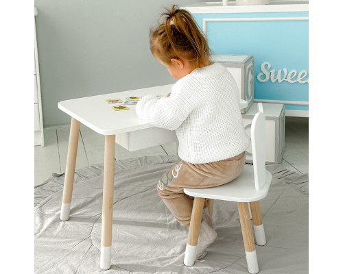 Стол прямоугольный с ящиком 46х60х45 и стул ушка кролика 26.5х26х25, столик и стульчик в детскую, белый