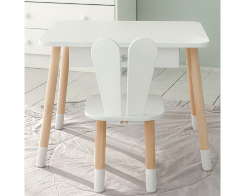 Стол прямоугольный с ящиком 46х60х45 и стул ушка кролика 26.5х26х25, столик и стульчик в детскую, белый