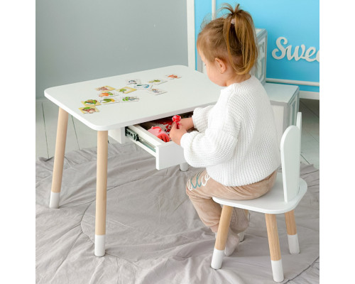 Стол прямоугольный с ящиком 46х60х45 и стул ушка кролика 26.5х26х25, столик и стульчик в детскую, белый