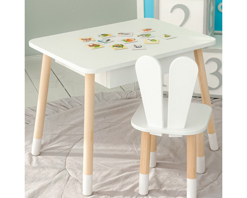 Стол прямоугольный с ящиком 46х60х45 и стул ушка кролика 26.5х26х25, столик и стульчик в детскую, белый
