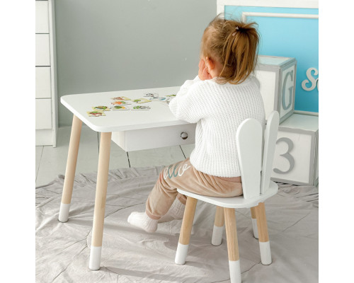 Стол прямоугольный с ящиком 46х60х45 и стул ушка кролика 26.5х26х25, столик и стульчик в детскую, белый