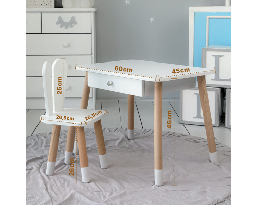 Стол прямоугольный с ящиком 46х60х45 и стул ушка кролика 26.5х26х25, столик и стульчик в детскую, белый