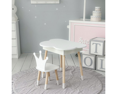 Новинка! Детский белый столик тучка с нишей и стульчик корона белая 85295