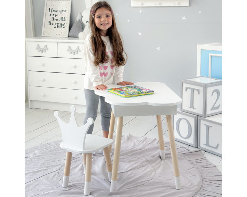 Новинка! Детский белый столик тучка с нишей и стульчик корона белая 85295