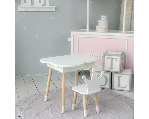 Новинка! Детский белый столик тучка с нишей и стульчик корона белая 85295