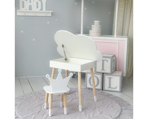 Новинка! Детский белый столик тучка с нишей и стульчик корона белая 85295