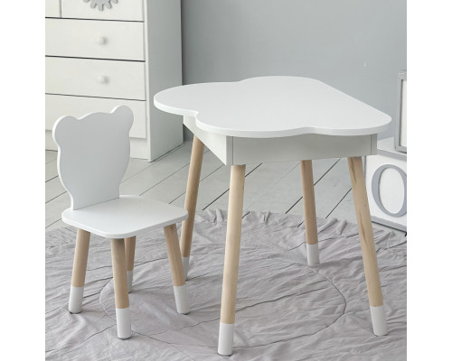 Столик облачко с нишей для вещей 54х68х50 и стульчик спинка в форме медведженка 26.5х26х25, стол и стул в детскую комнату, белый