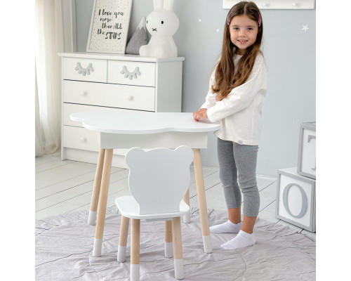 Столик облачко с нишей для вещей 54х68х50 и стульчик спинка в форме медведженка 26.5х26х25, стол и стул в детскую комнату, белый