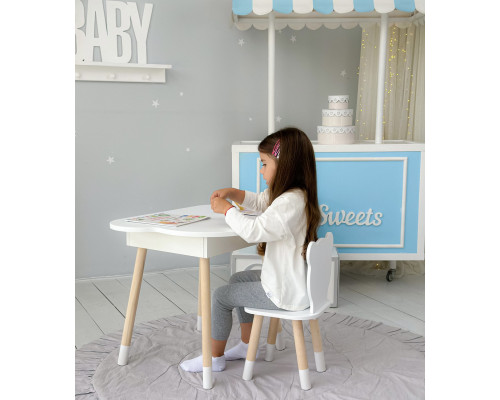 Столик облачко с нишей для вещей 54х68х50 и стульчик спинка в форме медведженка 26.5х26х25, стол и стул в детскую комнату, белый