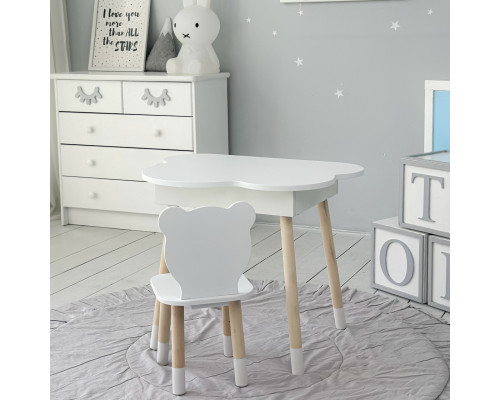 Столик облачко с нишей для вещей 54х68х50 и стульчик спинка в форме медведженка 26.5х26х25, стол и стул в детскую комнату, белый