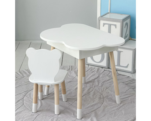 Столик облачко с нишей для вещей 54х68х50 и стульчик спинка в форме медведженка 26.5х26х25, стол и стул в детскую комнату, белый