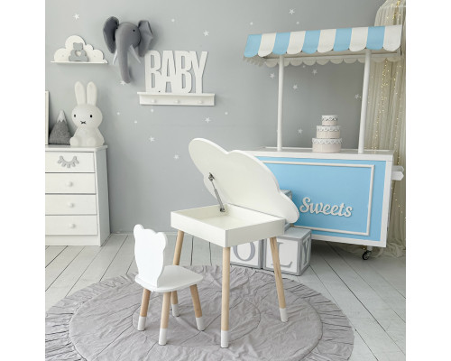 Столик облачко с нишей для вещей 54х68х50 и стульчик спинка в форме медведженка 26.5х26х25, стол и стул в детскую комнату, белый