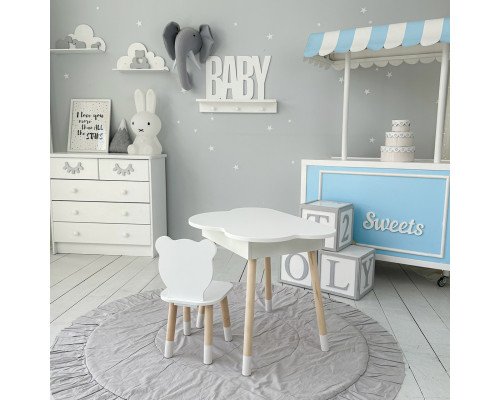 Столик облачко с нишей для вещей 54х68х50 и стульчик спинка в форме медведженка 26.5х26х25, стол и стул в детскую комнату, белый