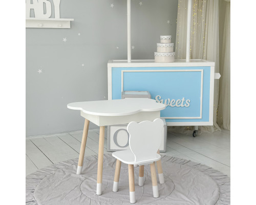 Столик облачко с нишей для вещей 54х68х50 и стульчик спинка в форме медведженка 26.5х26х25, стол и стул в детскую комнату, белый