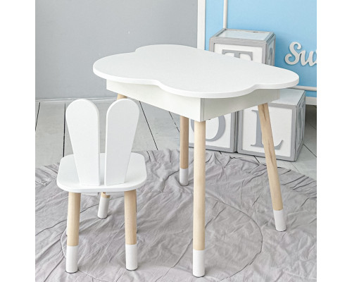 Столик облачко с поднимающаяся нишей 54х68х50 и стульчик ушки зайчика 26.5х26х25, стол и стул в детскую, белый