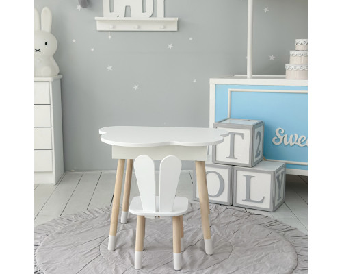 Столик облачко с поднимающаяся нишей 54х68х50 и стульчик ушки зайчика 26.5х26х25, стол и стул в детскую, белый
