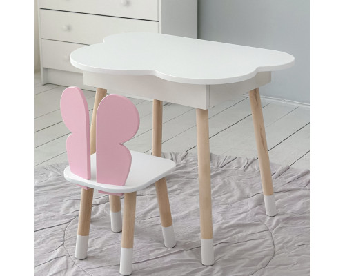 Столик облачка с нишей 54х68х50 и стульчик бабочка 26.5х26х25, стол и стул в детскую, белый с розовым