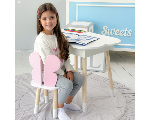 Столик облачка с нишей 54х68х50 и стульчик бабочка 26.5х26х25, стол и стул в детскую, белый с розовым
