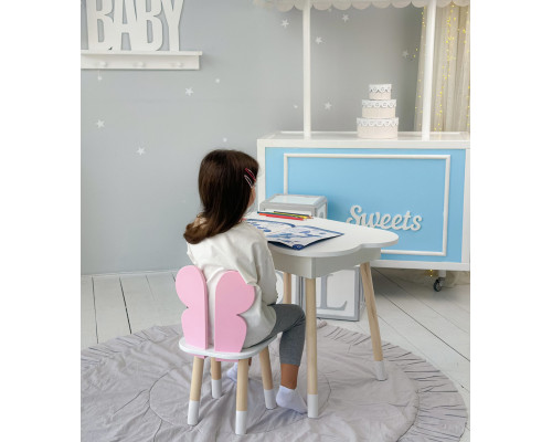 Столик облачка с нишей 54х68х50 и стульчик бабочка 26.5х26х25, стол и стул в детскую, белый с розовым