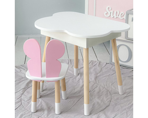 Столик облачка с нишей 54х68х50 и стульчик бабочка 26.5х26х25, стол и стул в детскую, белый с розовым