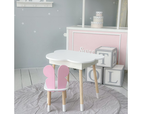 Столик облачка с нишей 54х68х50 и стульчик бабочка 26.5х26х25, стол и стул в детскую, белый с розовым