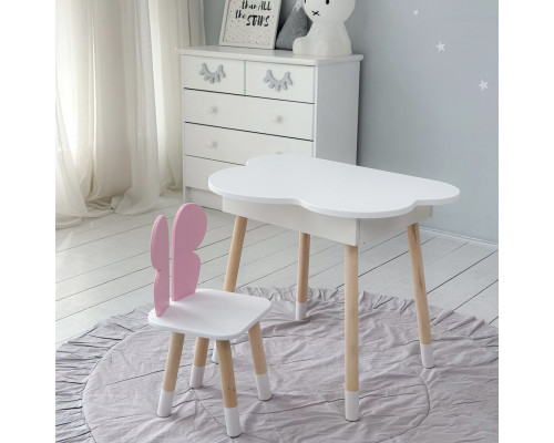 Столик облачка с нишей 54х68х50 и стульчик бабочка 26.5х26х25, стол и стул в детскую, белый с розовым
