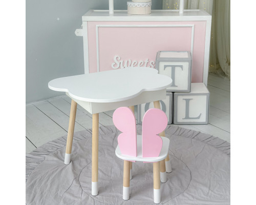 Столик облачка с нишей 54х68х50 и стульчик бабочка 26.5х26х25, стол и стул в детскую, белый с розовым