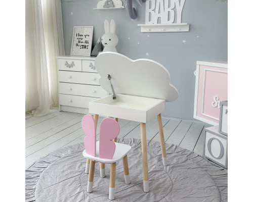 Столик облачка с нишей 54х68х50 и стульчик бабочка 26.5х26х25, стол и стул в детскую, белый с розовым