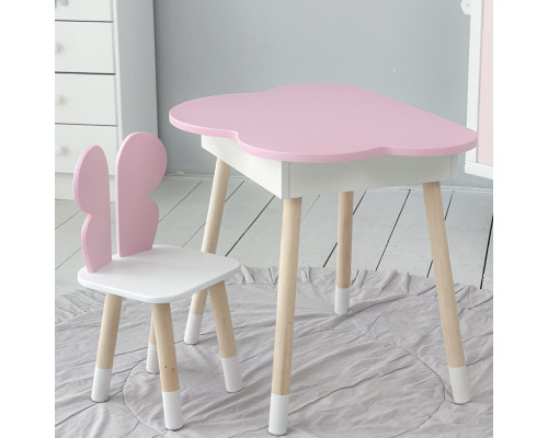 Столик облачко с нишей 54х68х50 и стульчик спинка в форме бабочки 26.5х26х25, стол и стул в детскую, розовый с белым