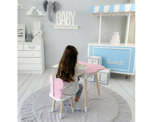 Столик облачко с нишей 54х68х50 и стульчик спинка в форме бабочки 26.5х26х25, стол и стул в детскую, розовый с белым