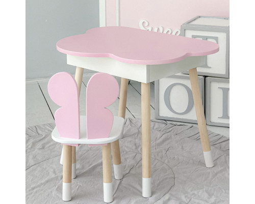 Столик облачко с нишей 54х68х50 и стульчик спинка в форме бабочки 26.5х26х25, стол и стул в детскую, розовый с белым
