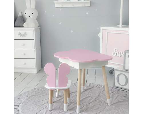 Столик облачко с нишей 54х68х50 и стульчик спинка в форме бабочки 26.5х26х25, стол и стул в детскую, розовый с белым