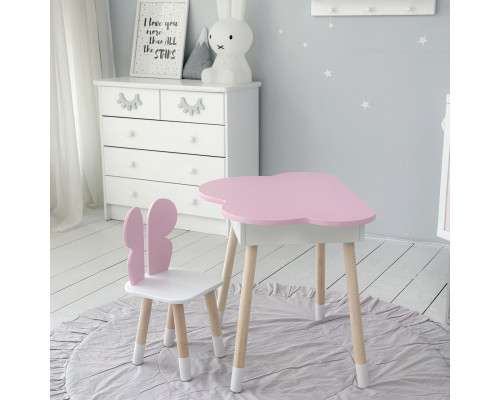 Столик облачко с нишей 54х68х50 и стульчик спинка в форме бабочки 26.5х26х25, стол и стул в детскую, розовый с белым