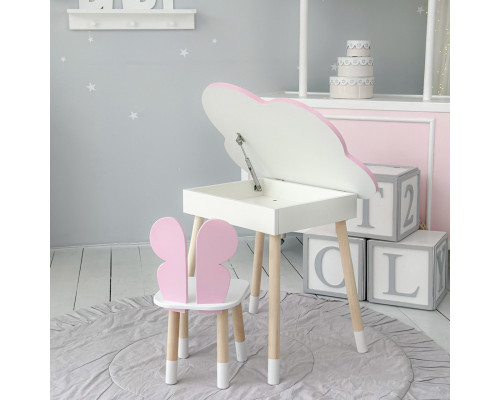 Столик облачко с нишей 54х68х50 и стульчик спинка в форме бабочки 26.5х26х25, стол и стул в детскую, розовый с белым