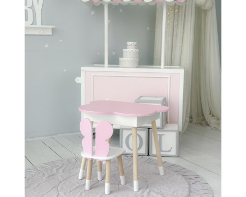 Столик облачко с нишей 54х68х50 и стульчик спинка в форме бабочки 26.5х26х25, стол и стул в детскую, розовый с белым