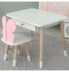 Стол прямоугольный с выдвижным ящиком 46х60х45 и стул бабочка 26.5х26х25, столик и стульчик для девчачьей комнаты, розовый с белым